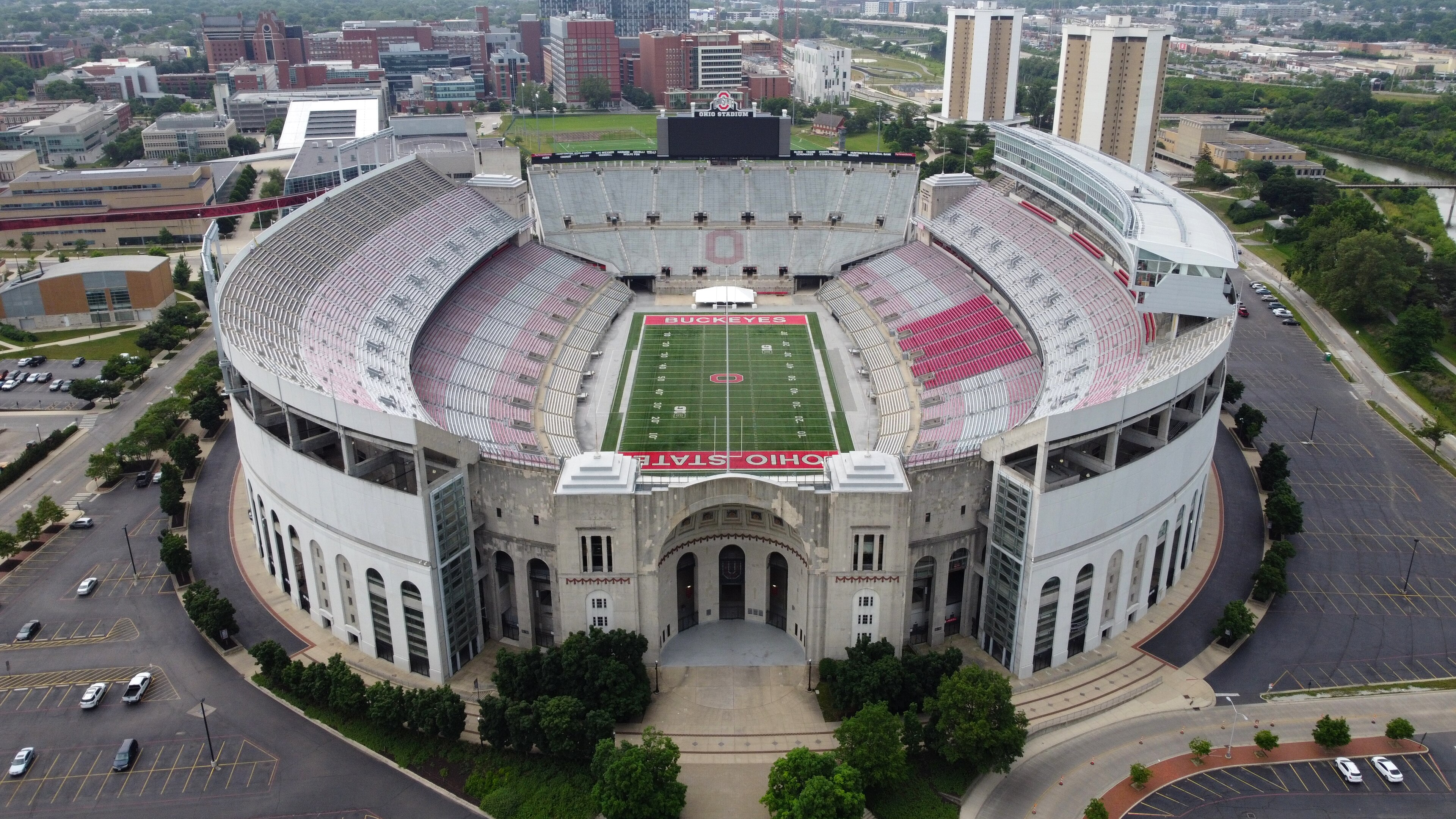 Centered aerial view of empty Ohio Stadium and the surrounding Ohio State campus in 2021.