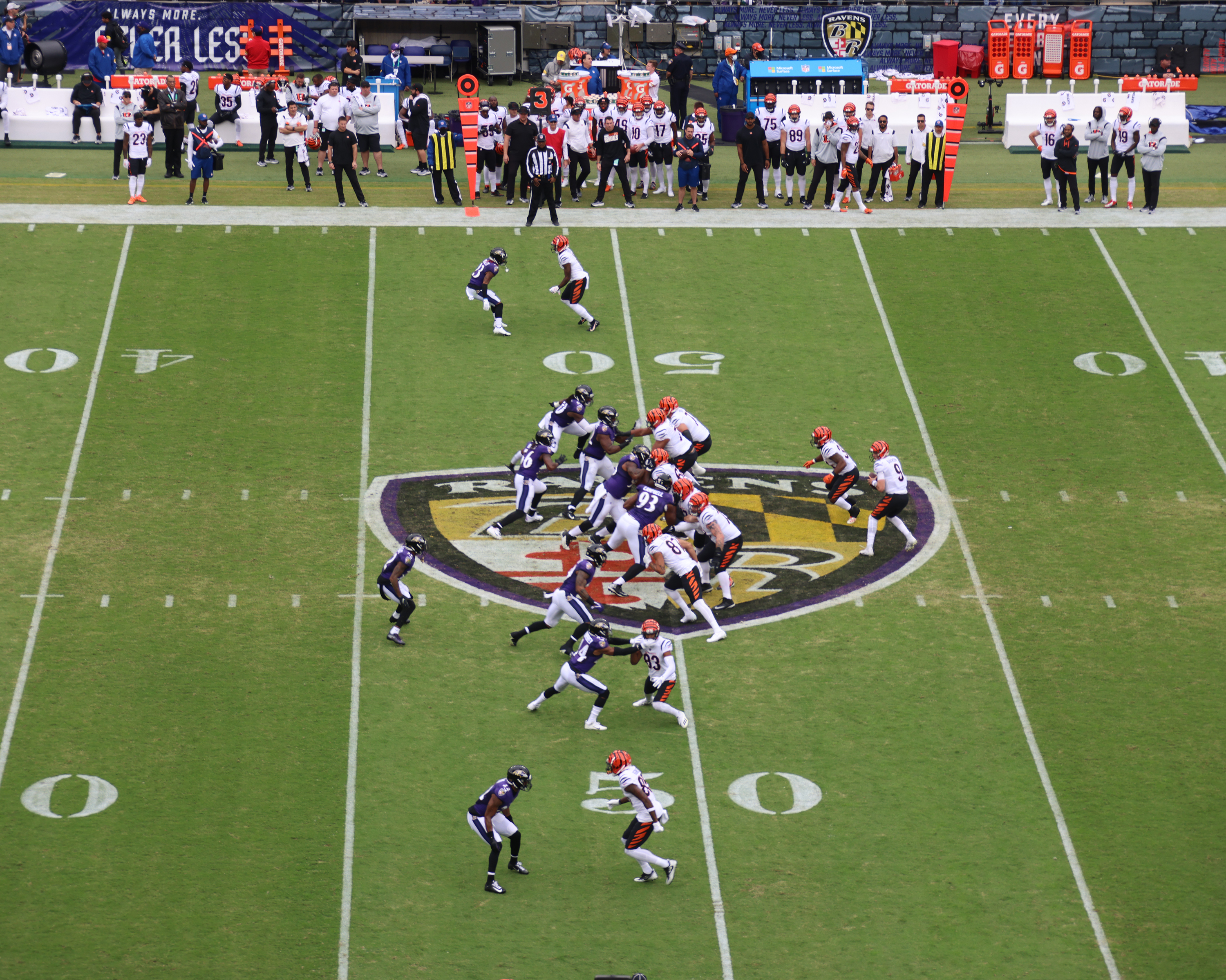 Joe Burrow leads the Cincinnati Bengals offense during a 2021 game against the Baltimore Ravens.