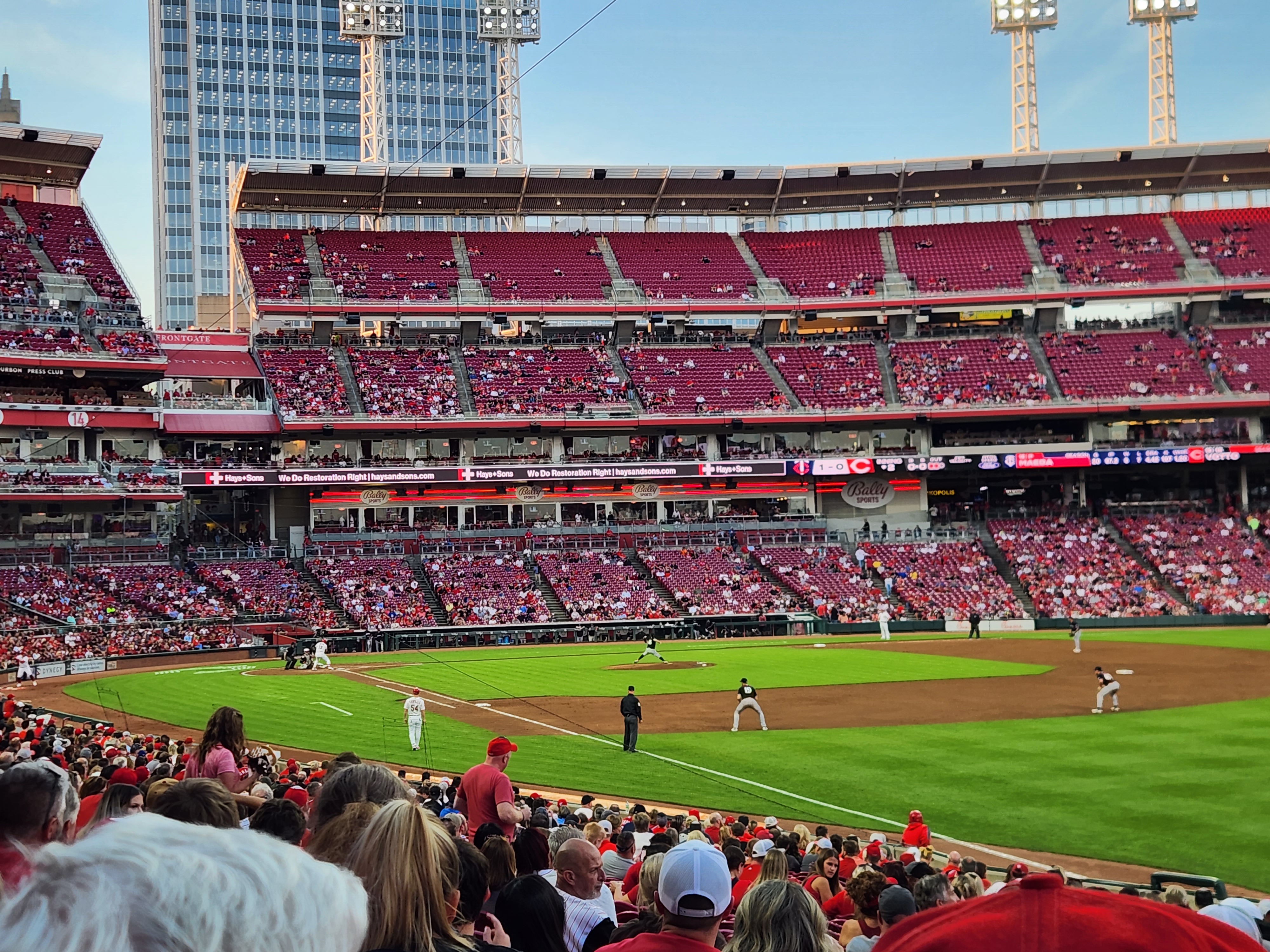 A wide interior view of Great American Ball Park during a Cincinnati Reds game.