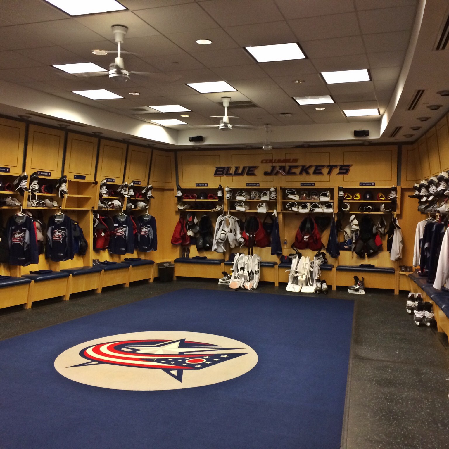 The Columbus Blue Jackets locker room and equipment inside Nationwide Arena in 2014.