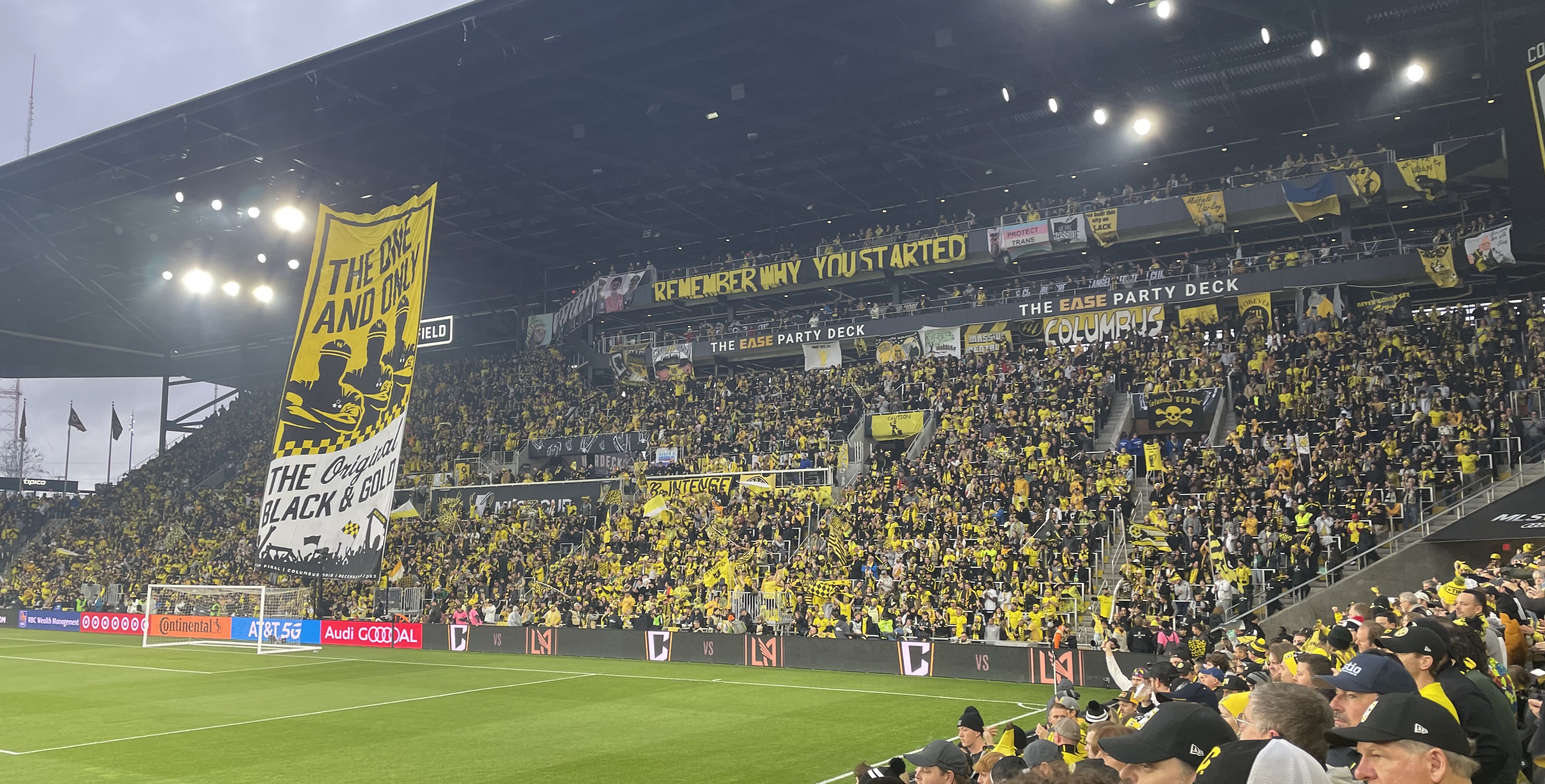 The Nordecke displays a large black-and-gold tifo before the 2023 MLS Cup Final at Lower.com Field.