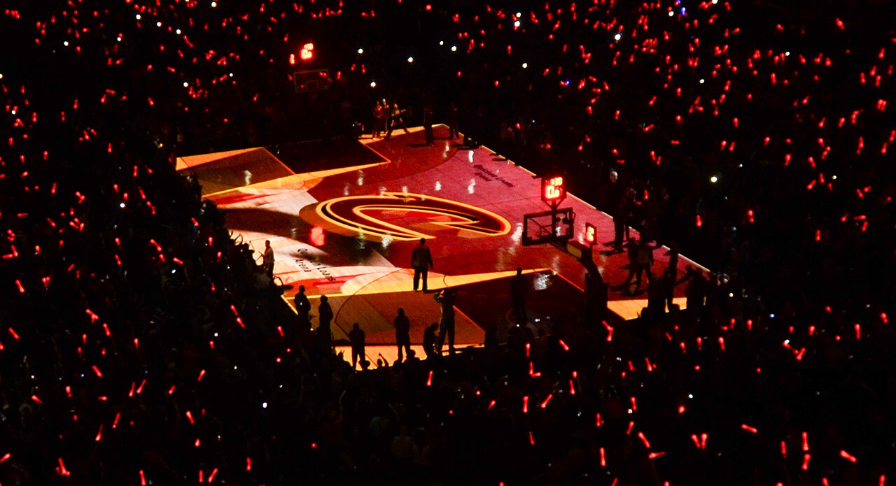 The Cavaliers court glows during a darkened pregame introduction at Quicken Loans Arena in 2014.